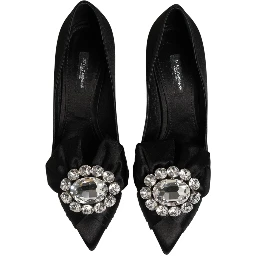 Black Satin Bow Crystal Embellishment Pumps Shoes