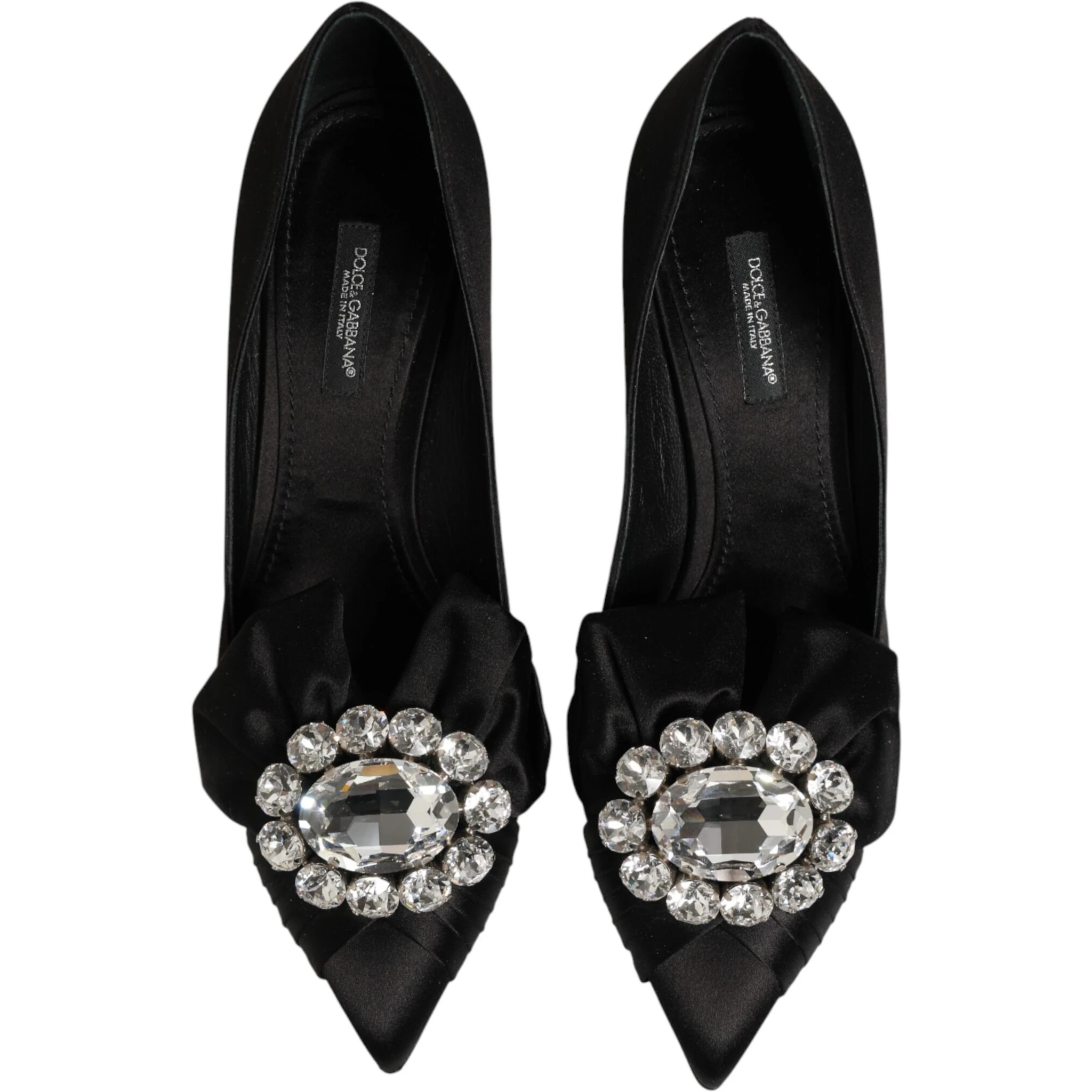 Black Satin Bow Crystal Embellishment Pumps Shoes