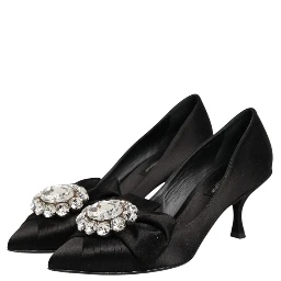 Black Satin Bow Crystal Embellishment Pumps Shoes
