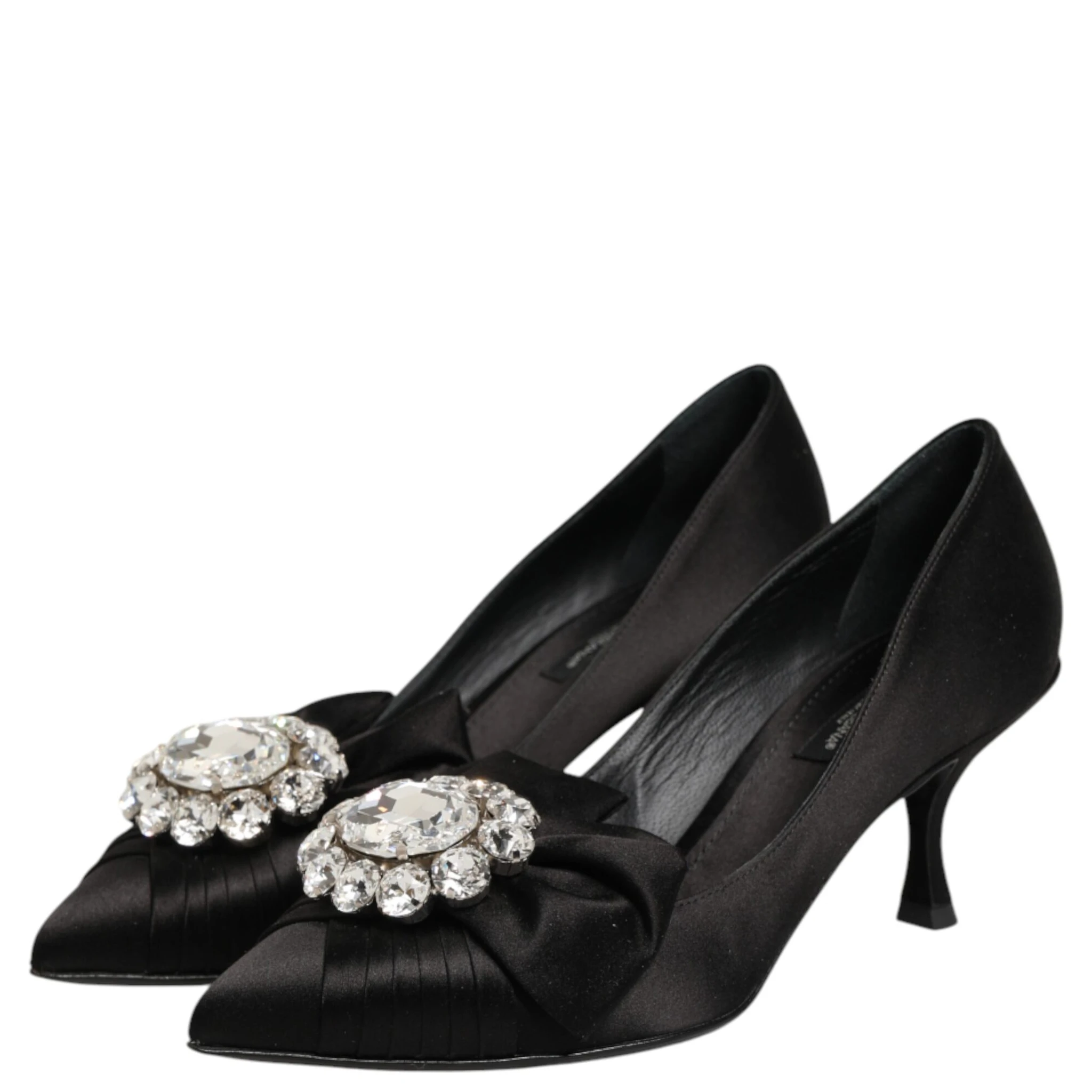 Black Satin Bow Crystal Embellishment Pumps Shoes