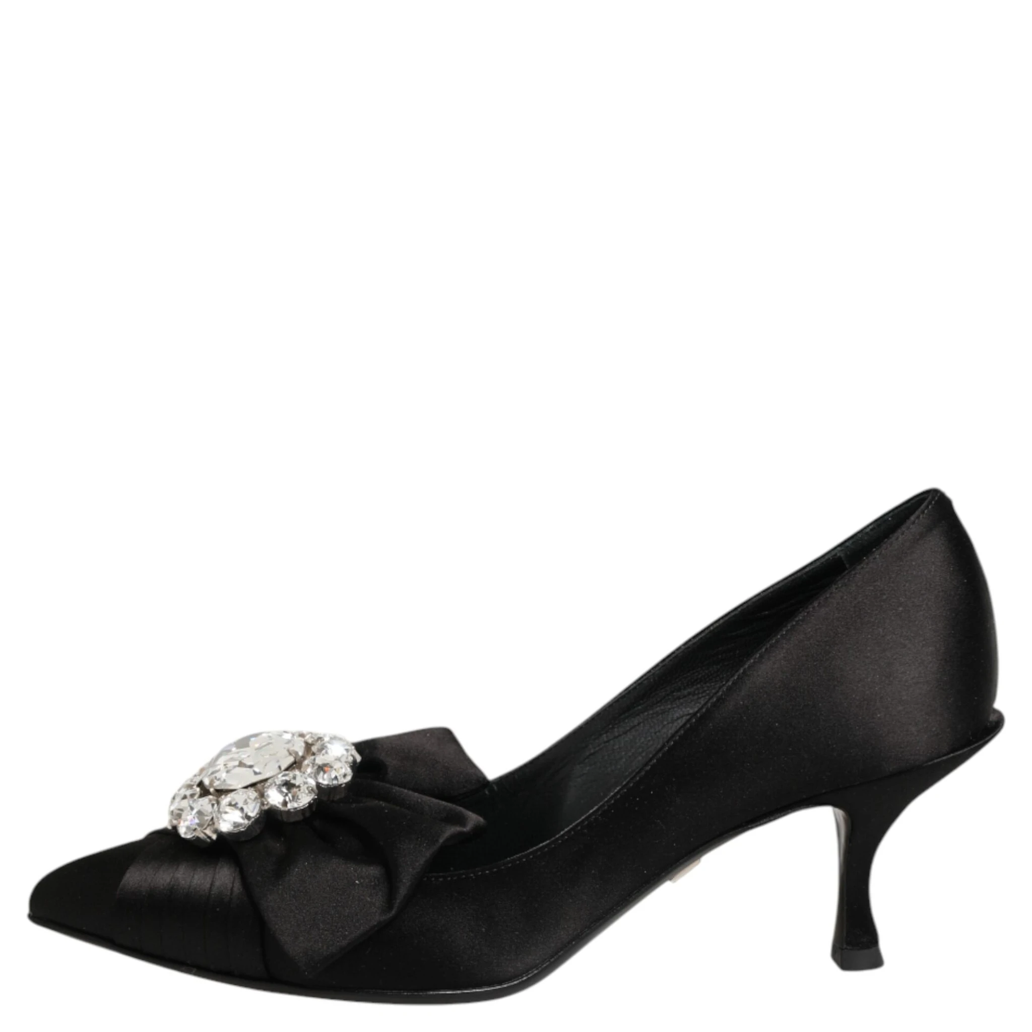 Black Satin Bow Crystal Embellishment Pumps Shoes