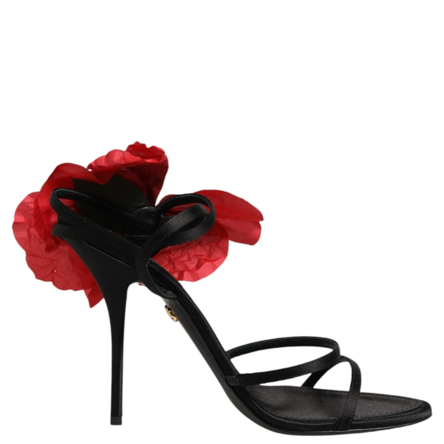 Black Leather Strappy Flower Heels Sandals  Shoes