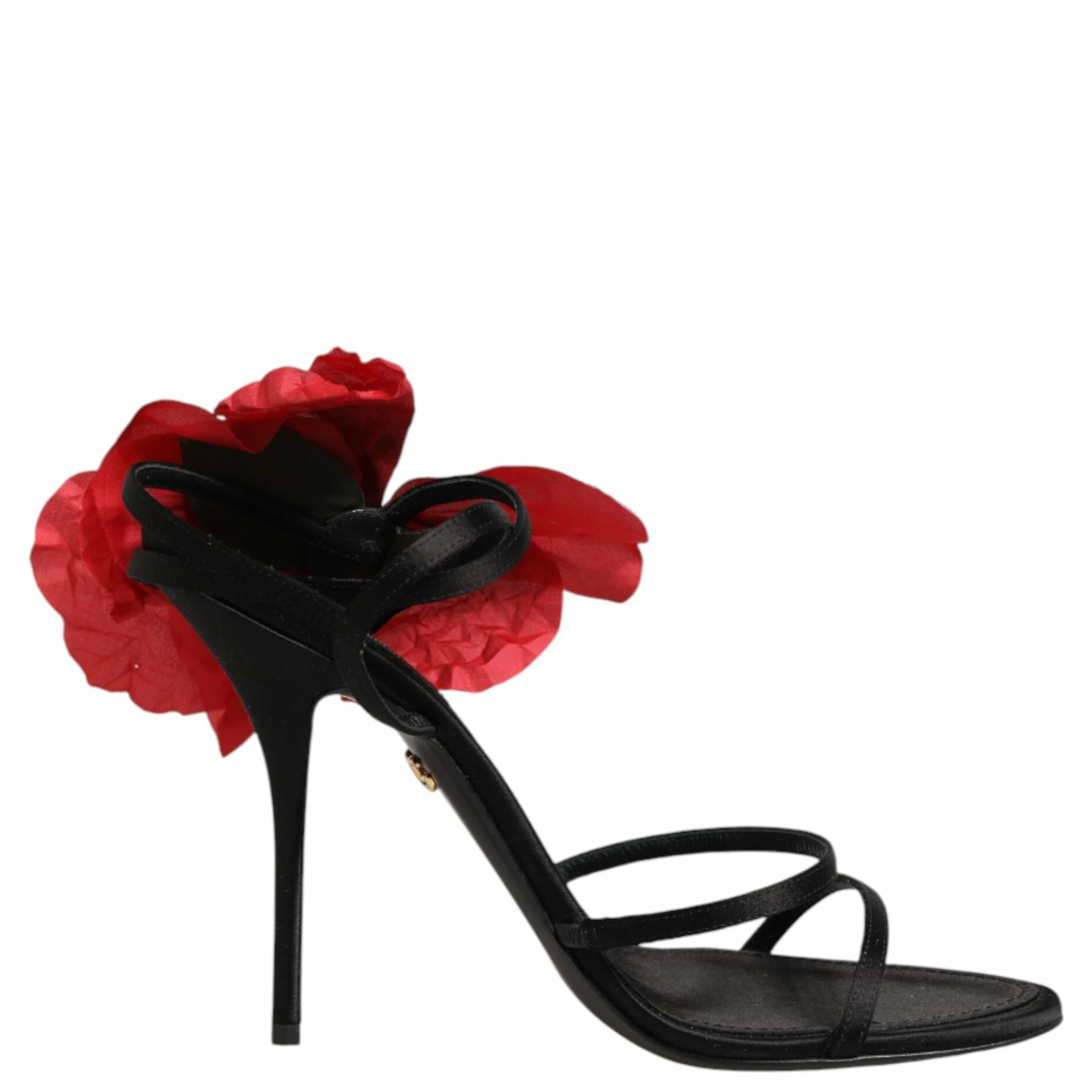 Black Leather Strappy Flower Heels Sandals  Shoes