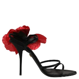 Black Leather Strappy Flower Heels Sandals  Shoes