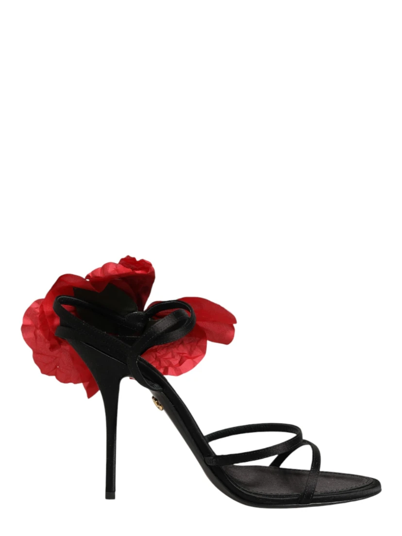 Black Leather Strappy Flower Heels Sandals  Shoes