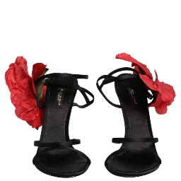 Black Leather Strappy Flower Heels Sandals  Shoes