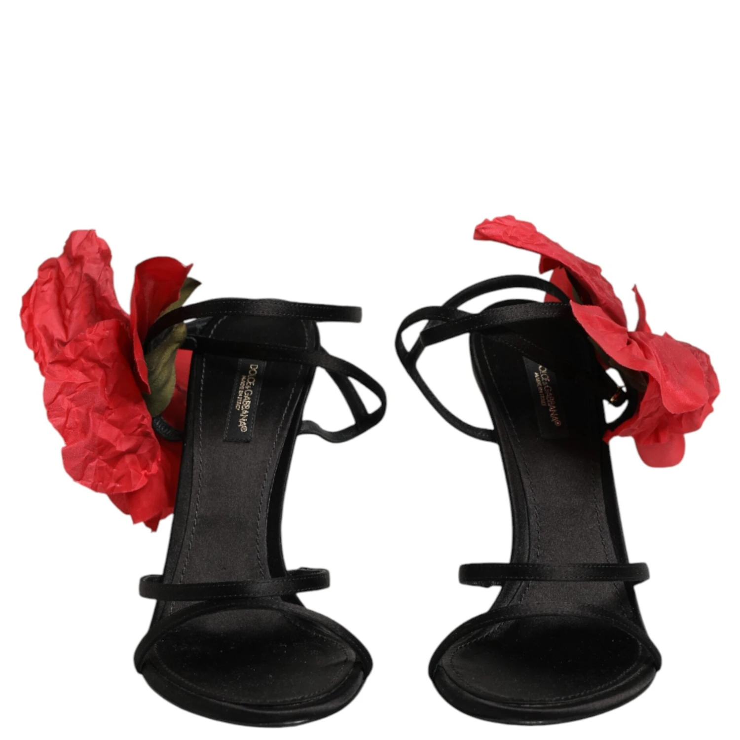 Black Leather Strappy Flower Heels Sandals  Shoes