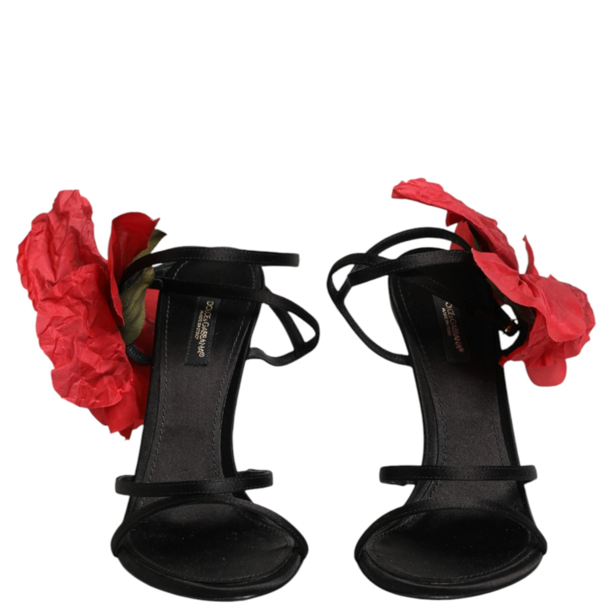 Black Leather Strappy Flower Heels Sandals  Shoes