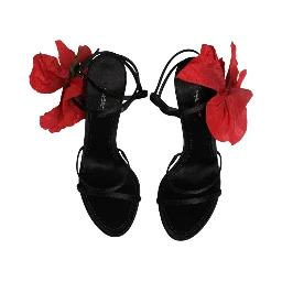 Black Leather Strappy Flower Heels Sandals  Shoes