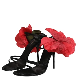 Black Leather Strappy Flower Heels Sandals  Shoes