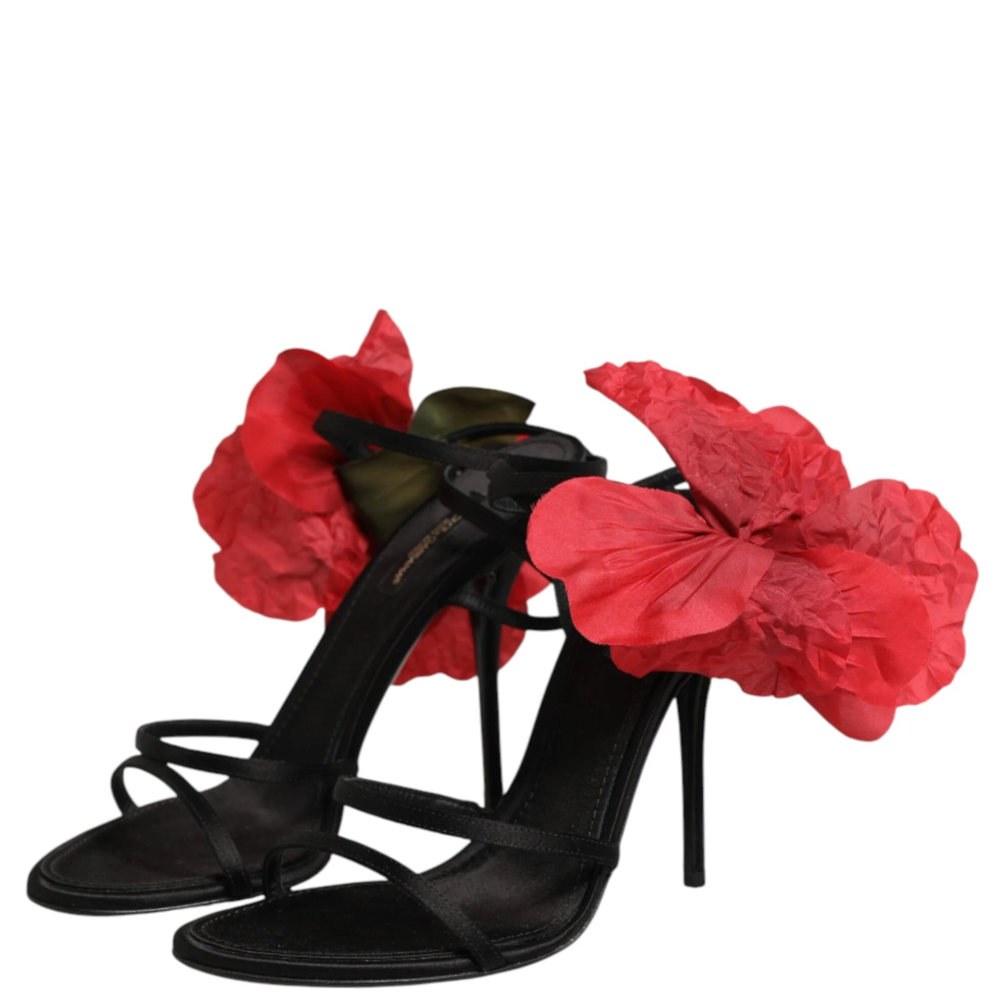 Black Leather Strappy Flower Heels Sandals  Shoes