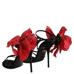 Black Leather Strappy Flower Heels Sandals  Shoes