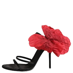 Black Leather Strappy Flower Heels Sandals  Shoes