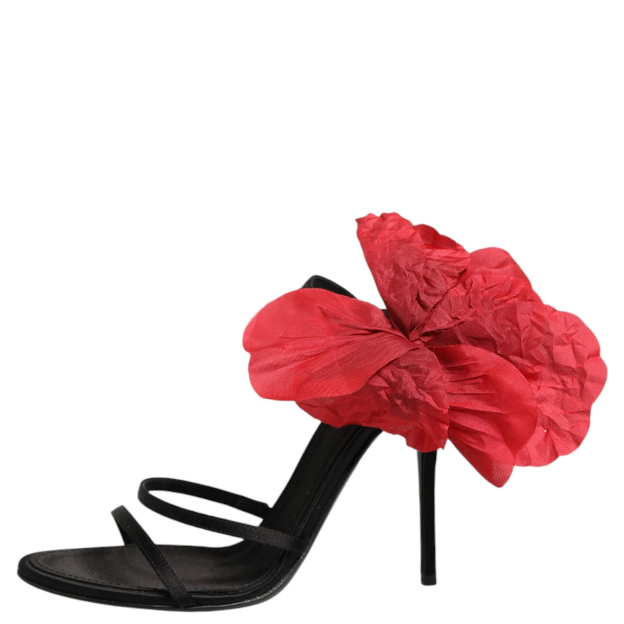 Black Leather Strappy Flower Heels Sandals  Shoes