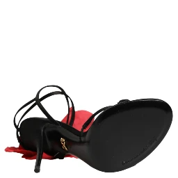 Black Leather Strappy Flower Heels Sandals  Shoes