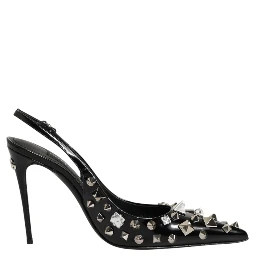 Black Studded Leather Heels Slingbacks Shoes