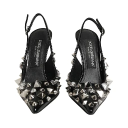Black Studded Leather Heels Slingbacks Shoes