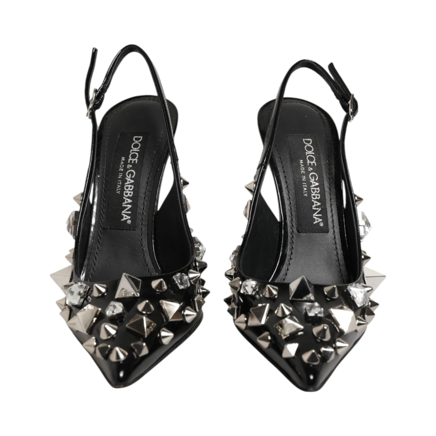 Black Studded Leather Heels Slingbacks Shoes