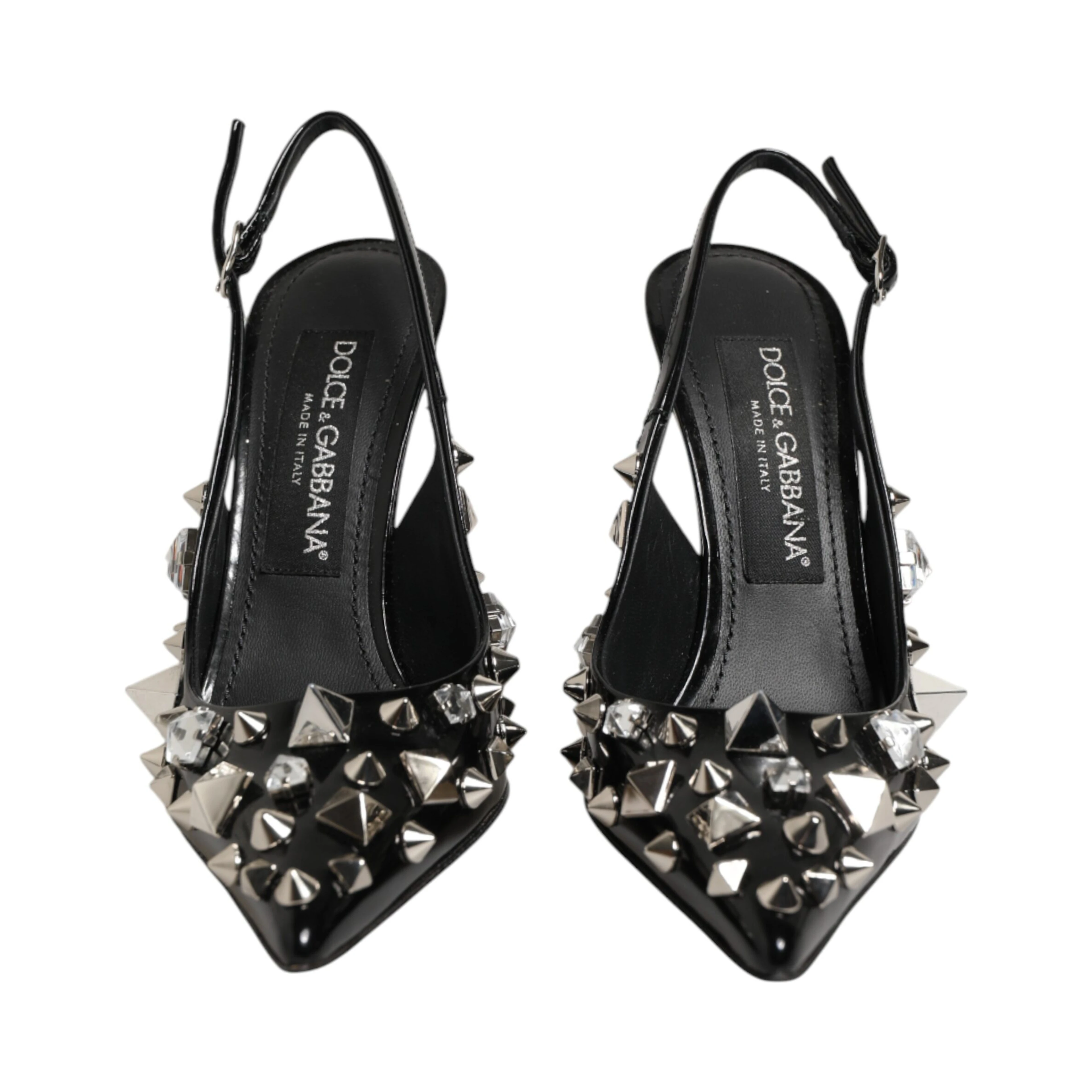 Black Studded Leather Heels Slingbacks Shoes