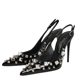 Black Studded Leather Heels Slingbacks Shoes