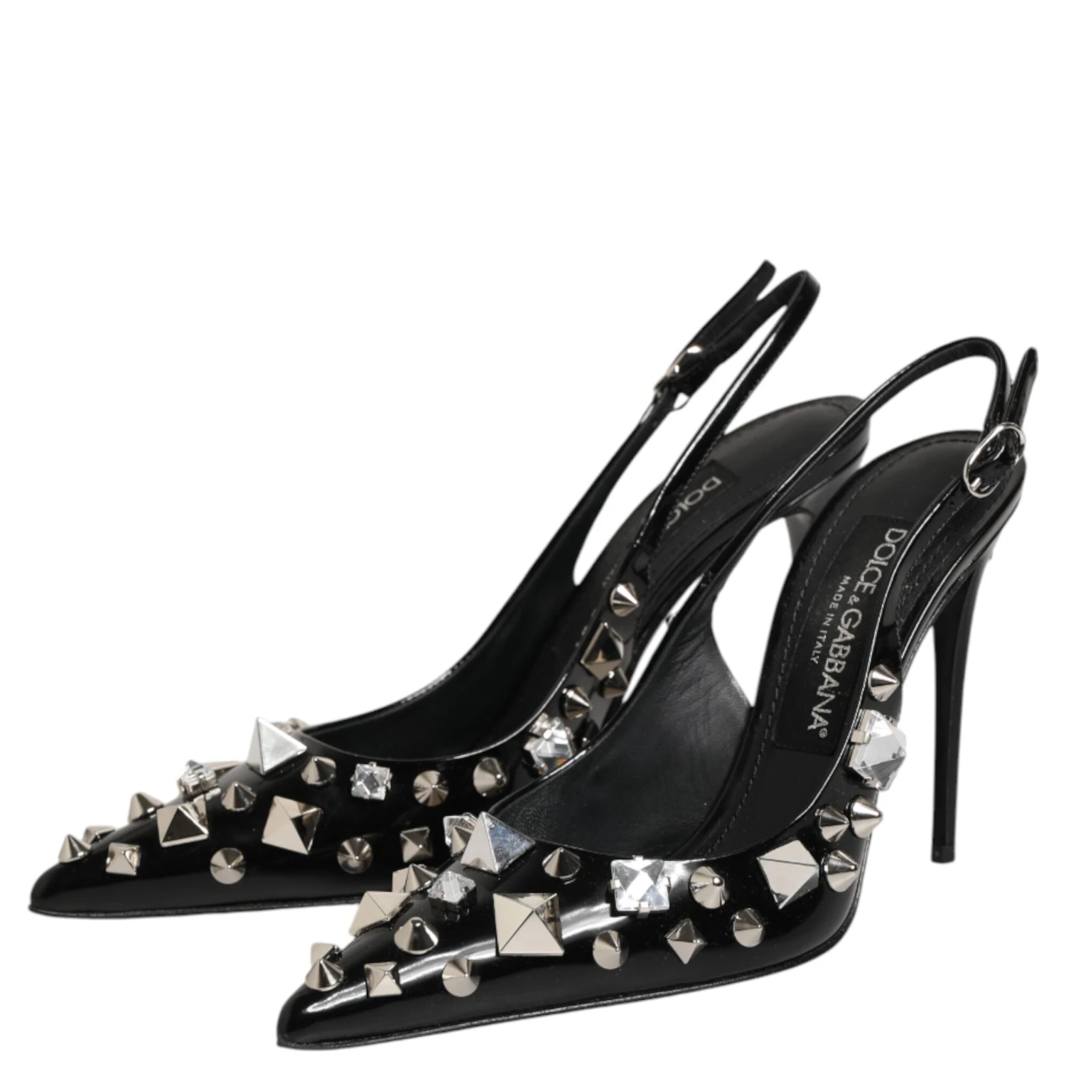 Black Studded Leather Heels Slingbacks Shoes
