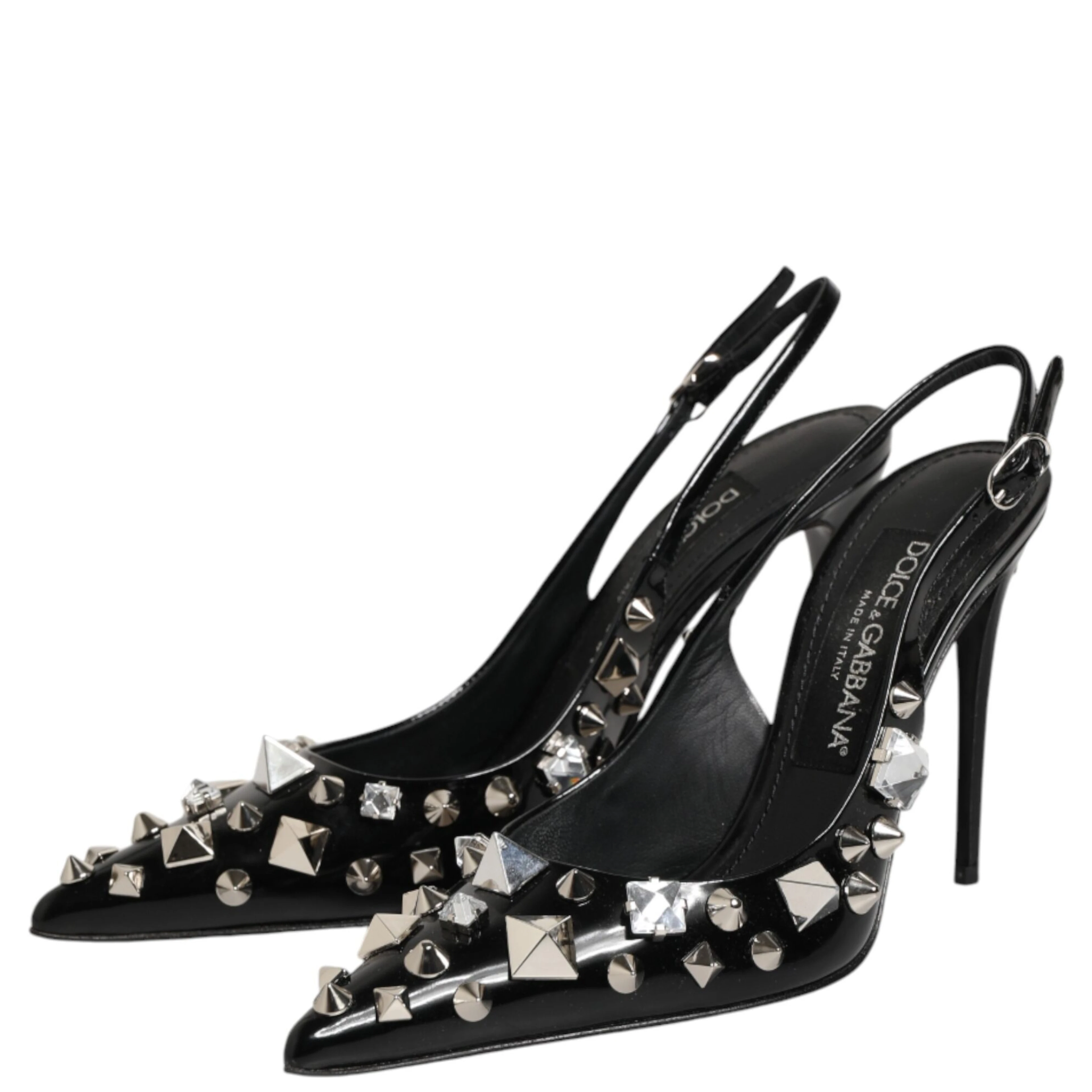 Black Studded Leather Heels Slingbacks Shoes