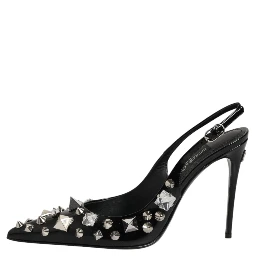 Black Studded Leather Heels Slingbacks Shoes