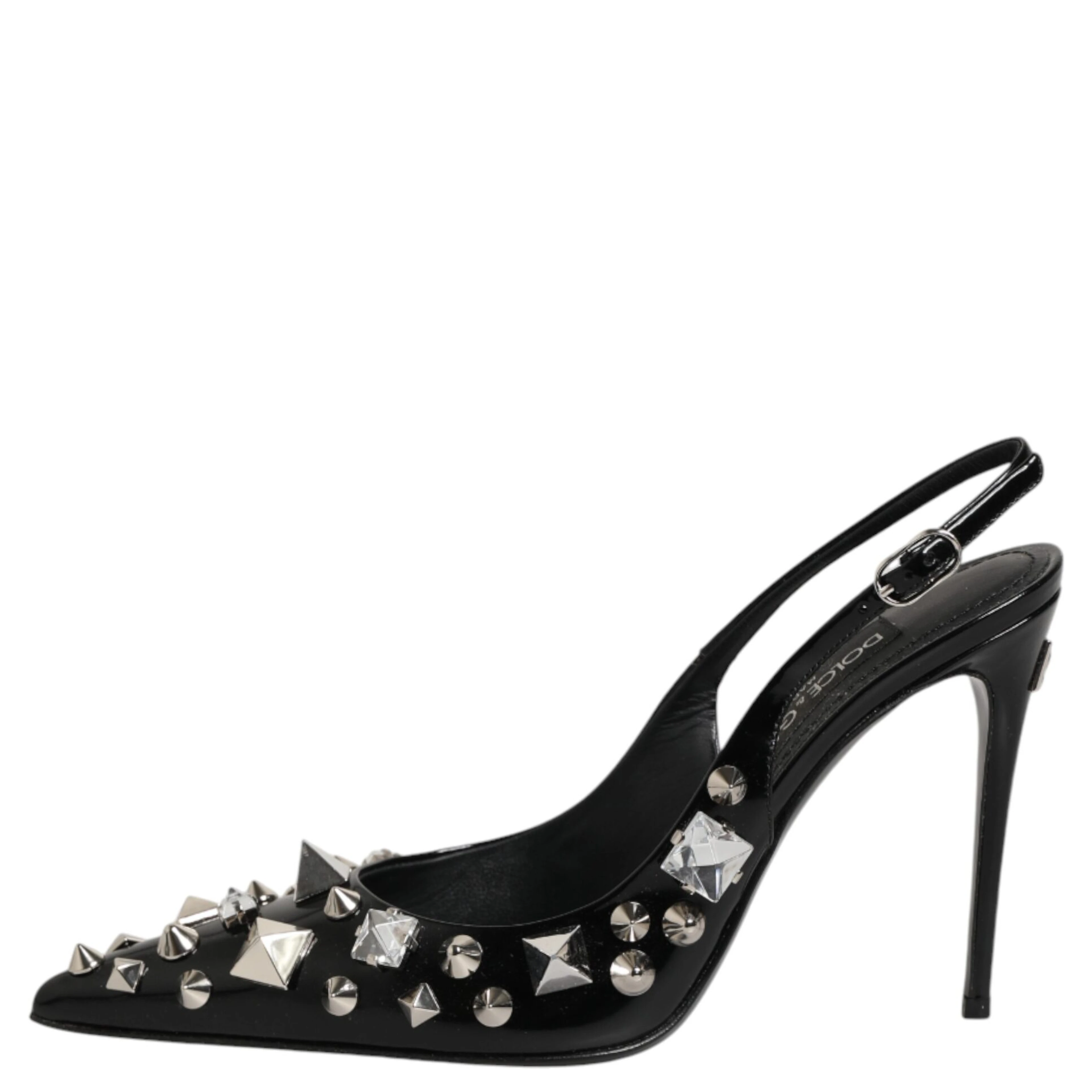 Black Studded Leather Heels Slingbacks Shoes