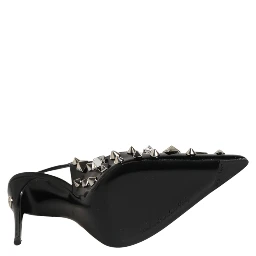 Black Studded Leather Heels Slingbacks Shoes