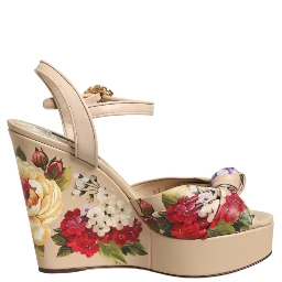 Beige Floral Ankle Strap Wedge Sandals Shoes