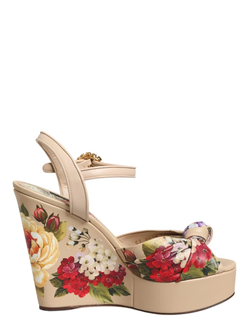 Beige Floral Ankle Strap Wedge Sandals Shoes