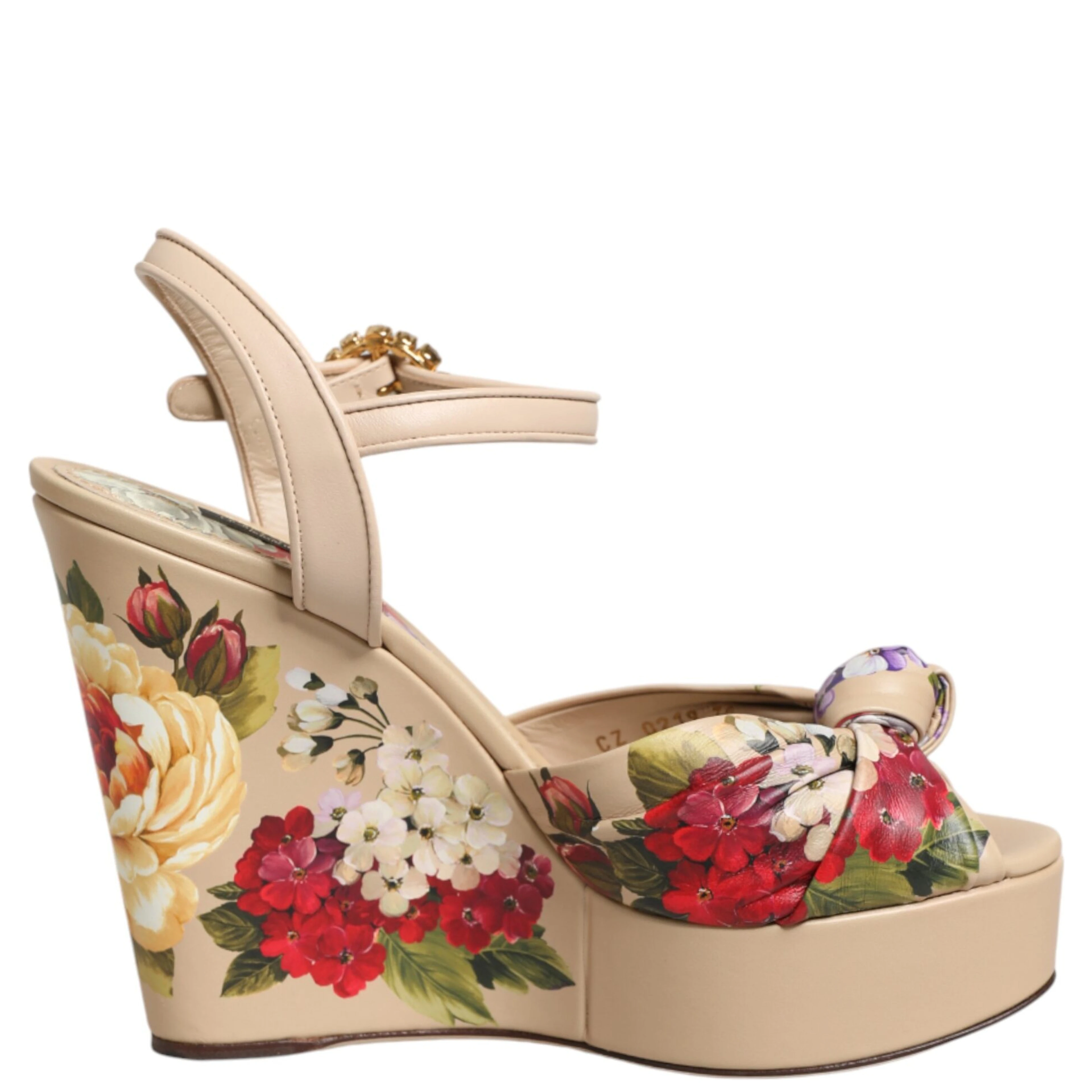 Beige Floral Ankle Strap Wedge Sandals Shoes