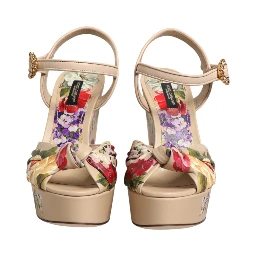 Beige Floral Ankle Strap Wedge Sandals Shoes