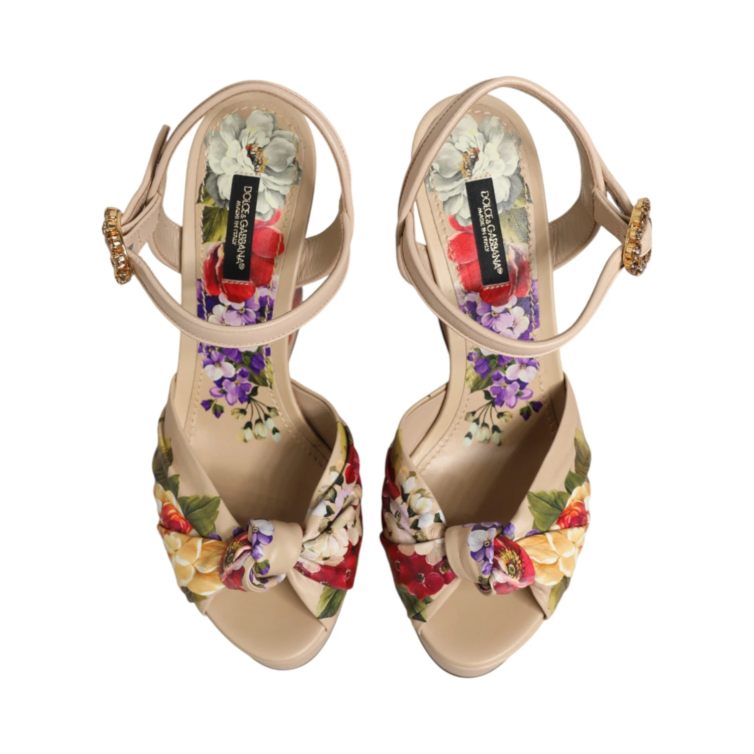 Beige Floral Ankle Strap Wedge Sandals Shoes