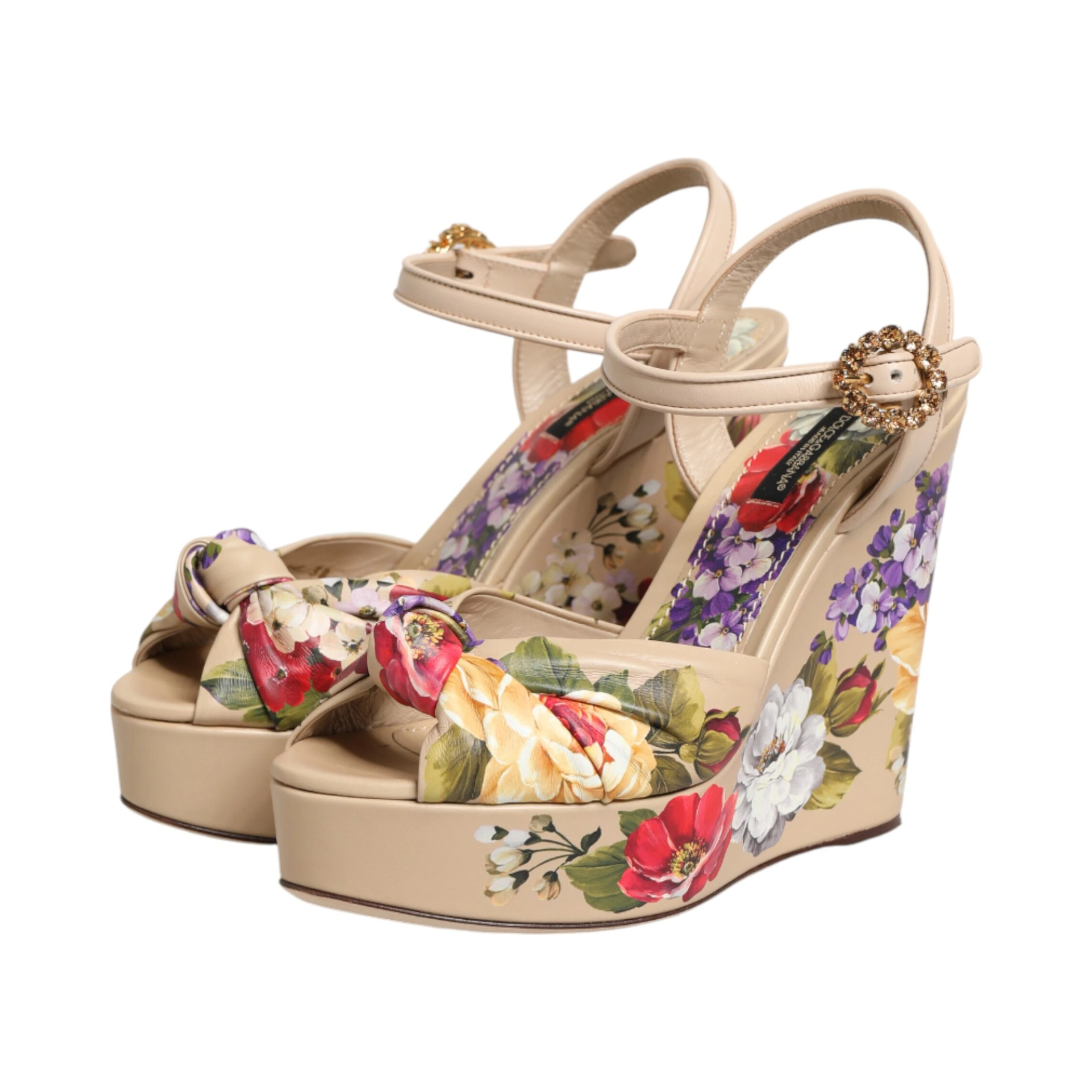 Beige Floral Ankle Strap Wedge Sandals Shoes