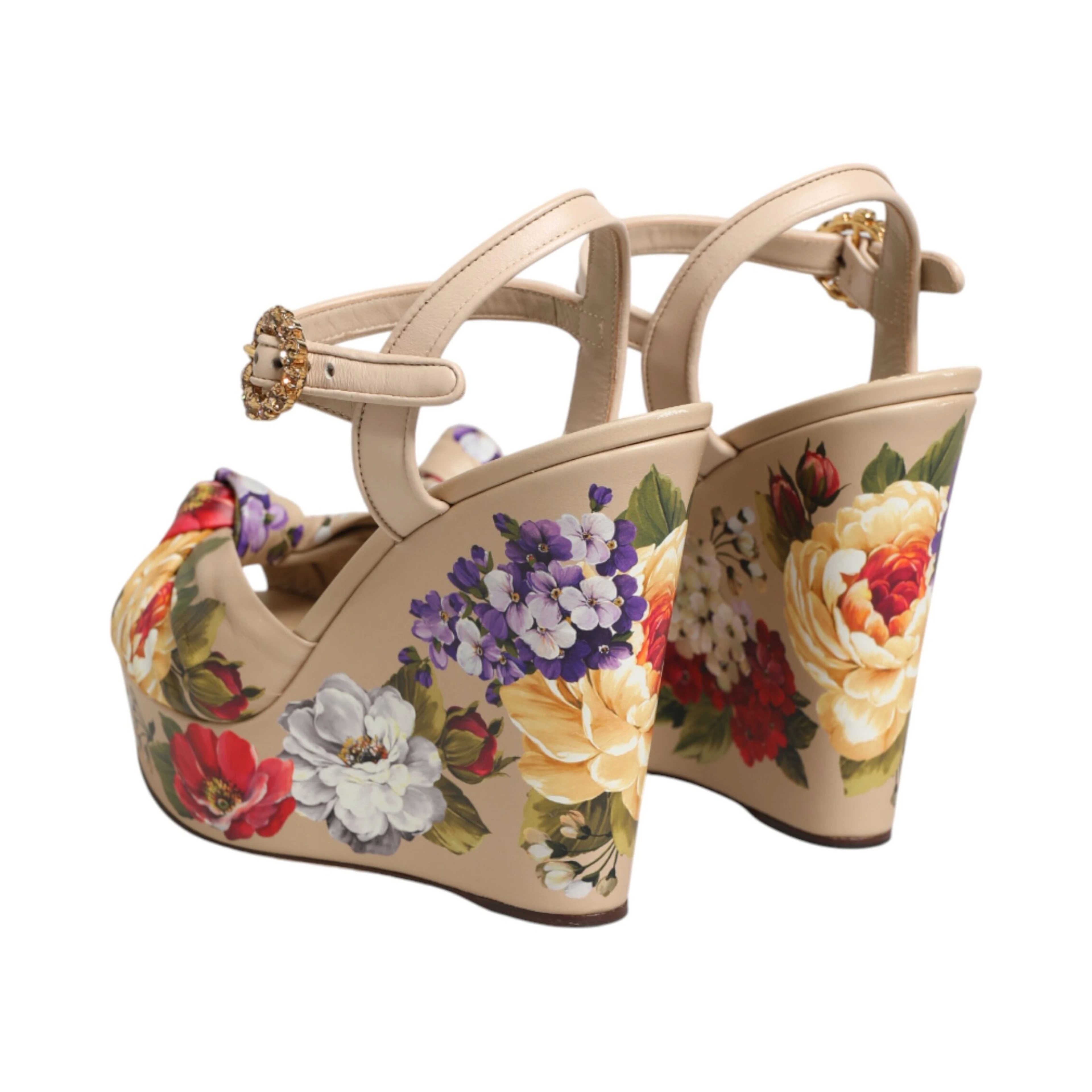 Beige Floral Ankle Strap Wedge Sandals Shoes
