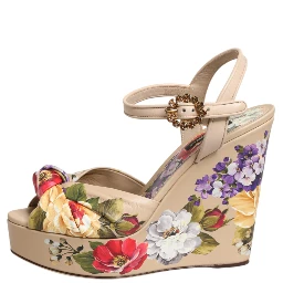 Beige Floral Ankle Strap Wedge Sandals Shoes