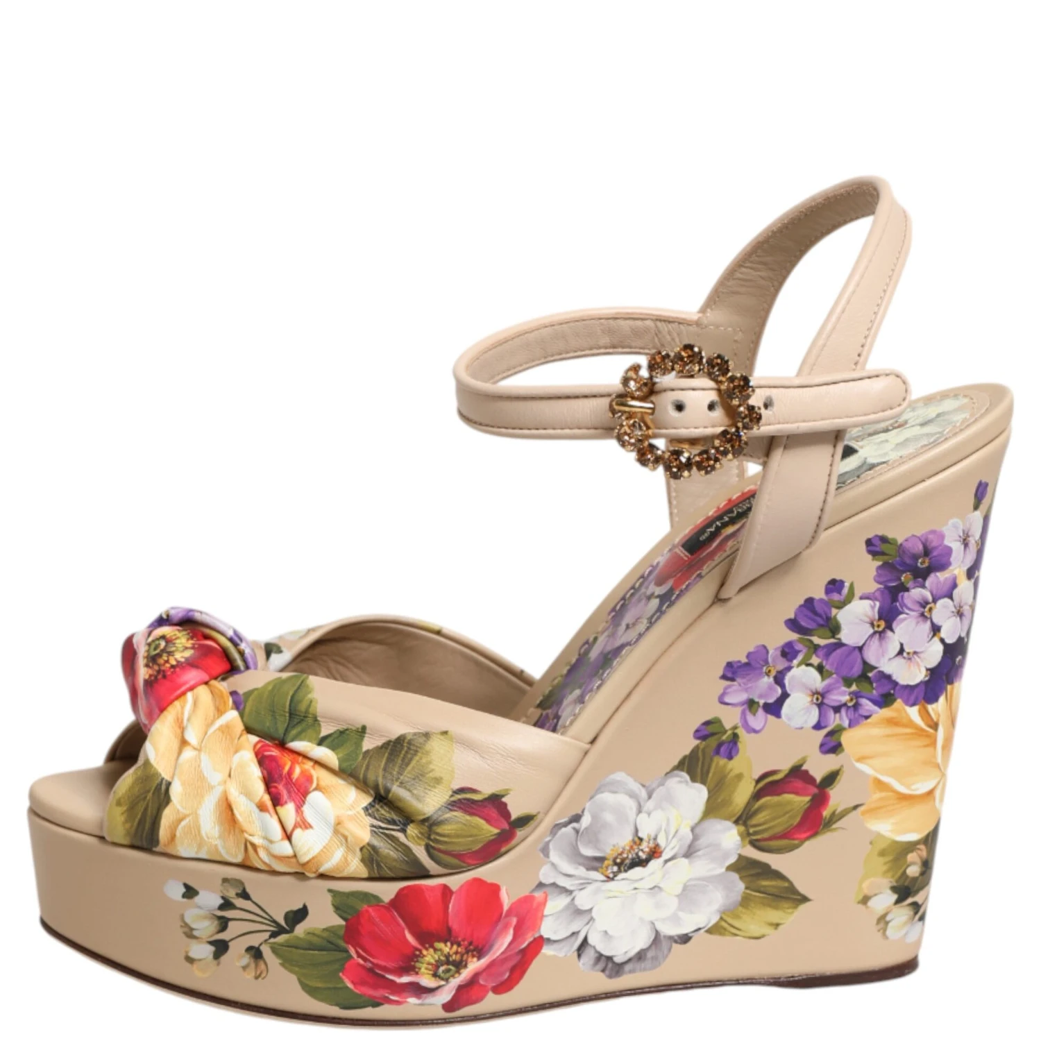 Beige Floral Ankle Strap Wedge Sandals Shoes
