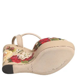 Beige Floral Ankle Strap Wedge Sandals Shoes