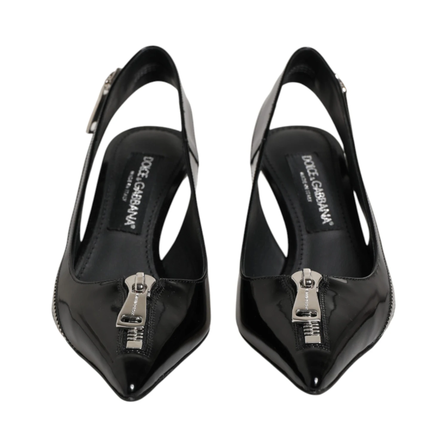 Black Zipper Leather Heels Slingbacks Shoes