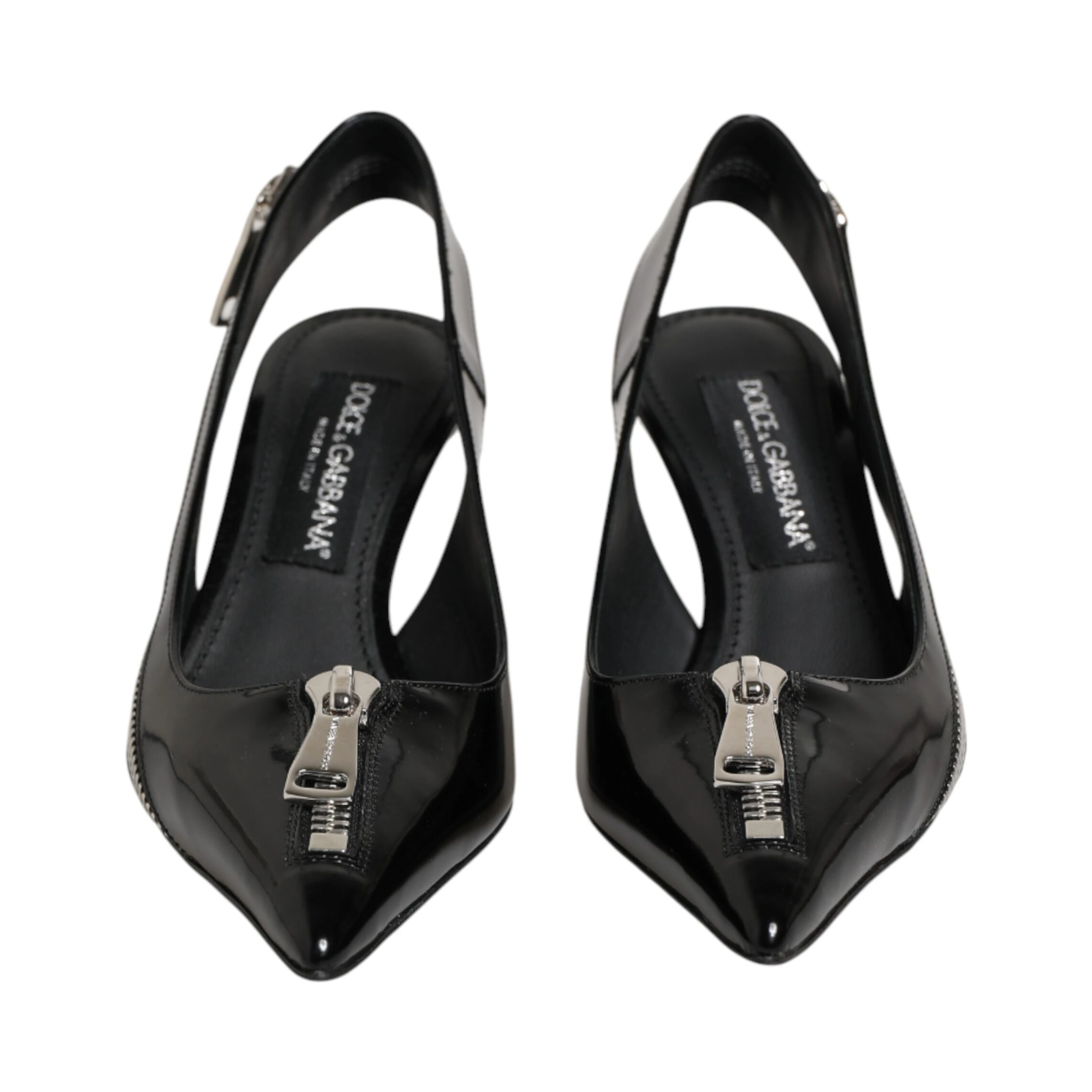 Black Zipper Leather Heels Slingbacks Shoes