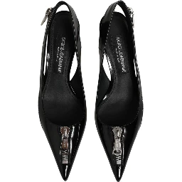Black Zipper Leather Heels Slingbacks Shoes
