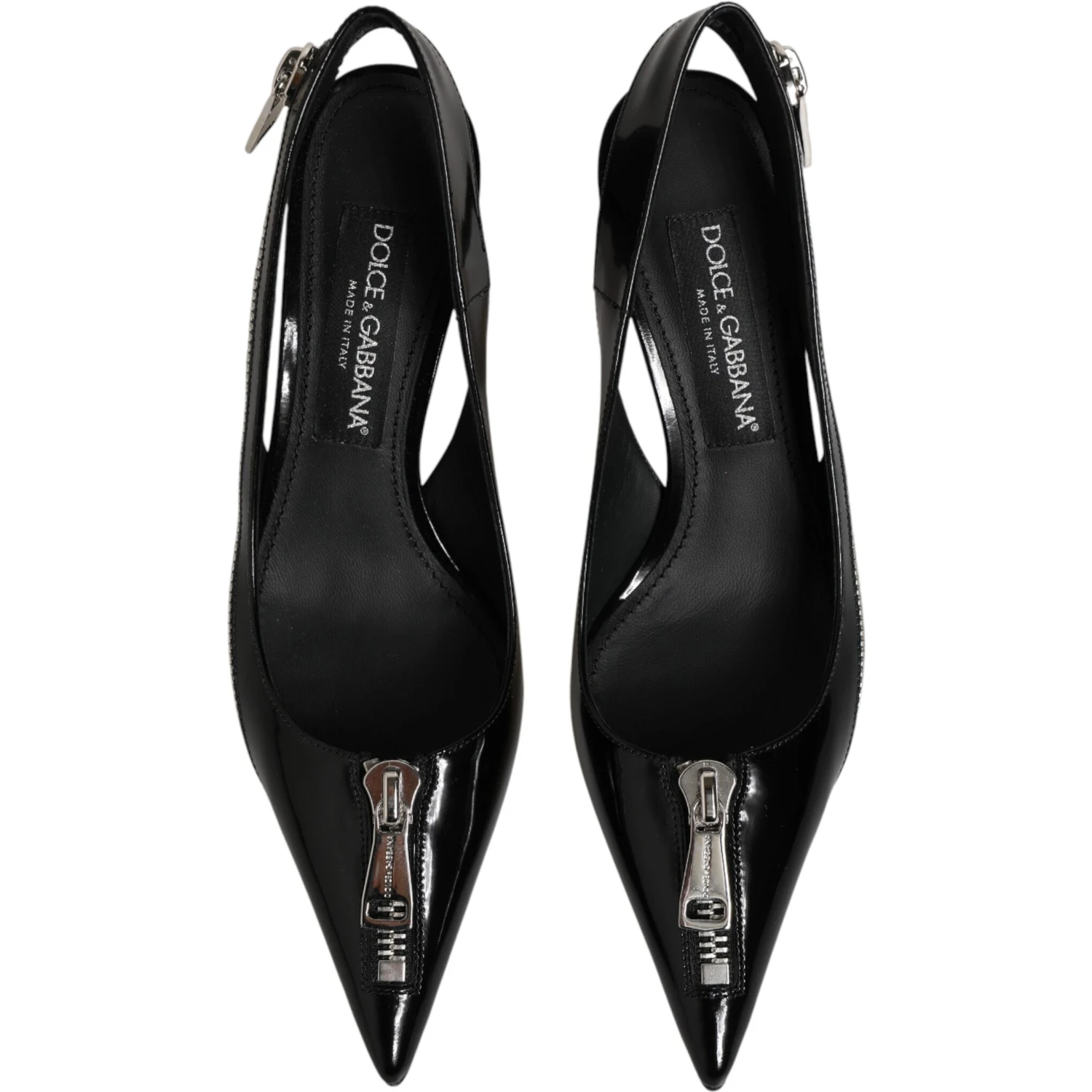 Black Zipper Leather Heels Slingbacks Shoes