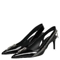 Black Zipper Leather Heels Slingbacks Shoes