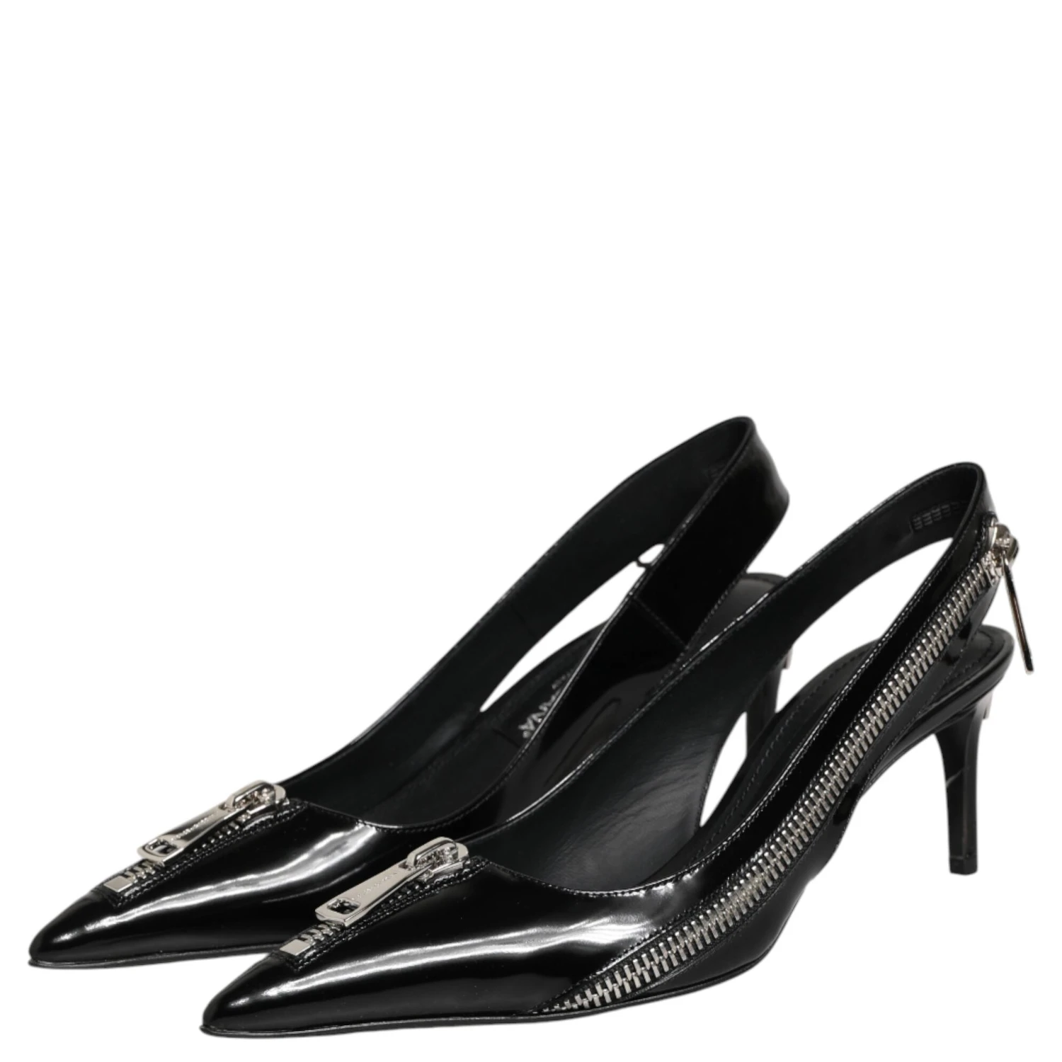 Black Zipper Leather Heels Slingbacks Shoes