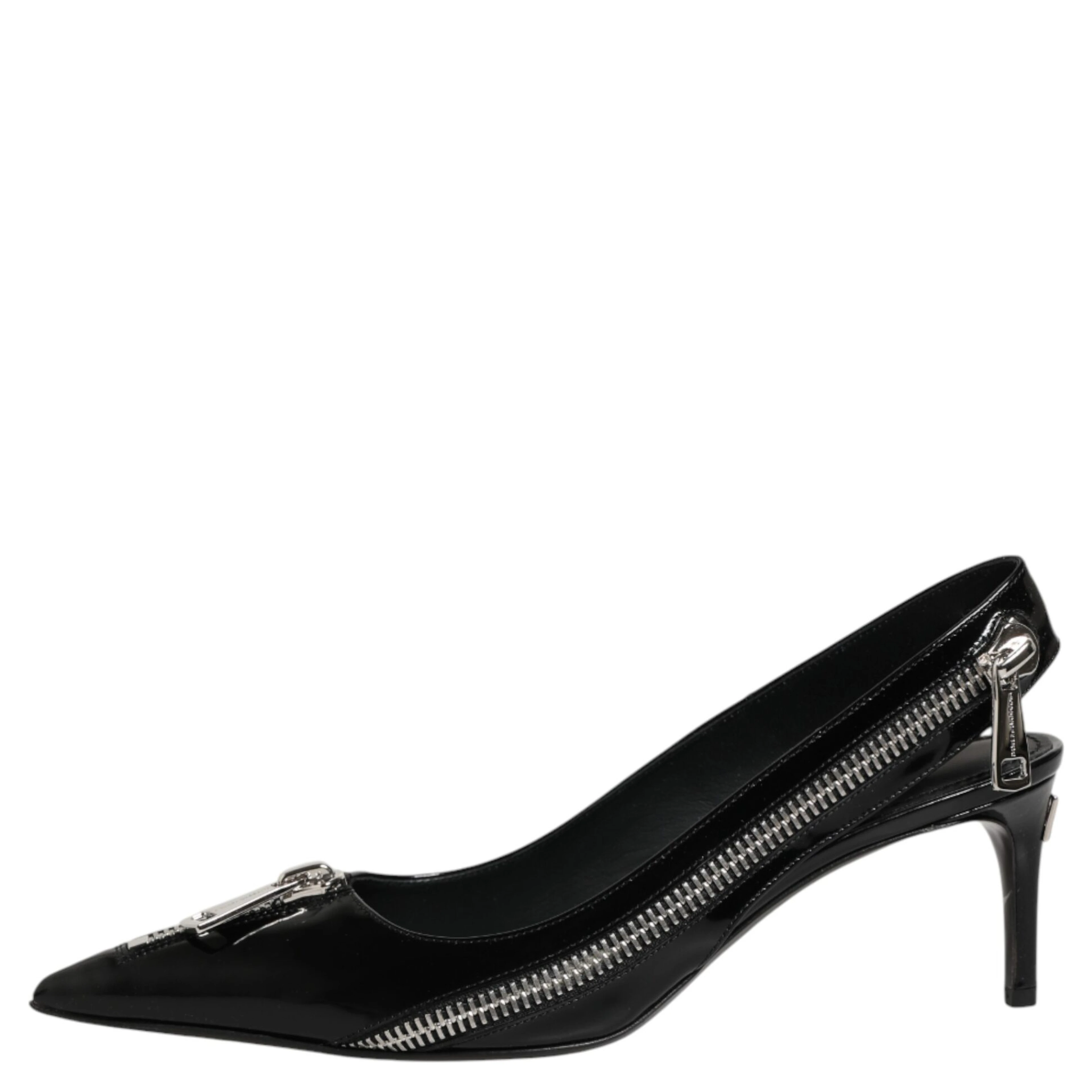 Black Zipper Leather Heels Slingbacks Shoes