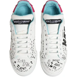 White Leather Graffiti Low Top Sneakers Shoes