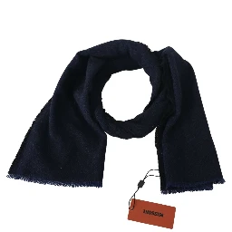 Dark Blue Wool Unisex Neck Wrap Fringes Logo Scarf