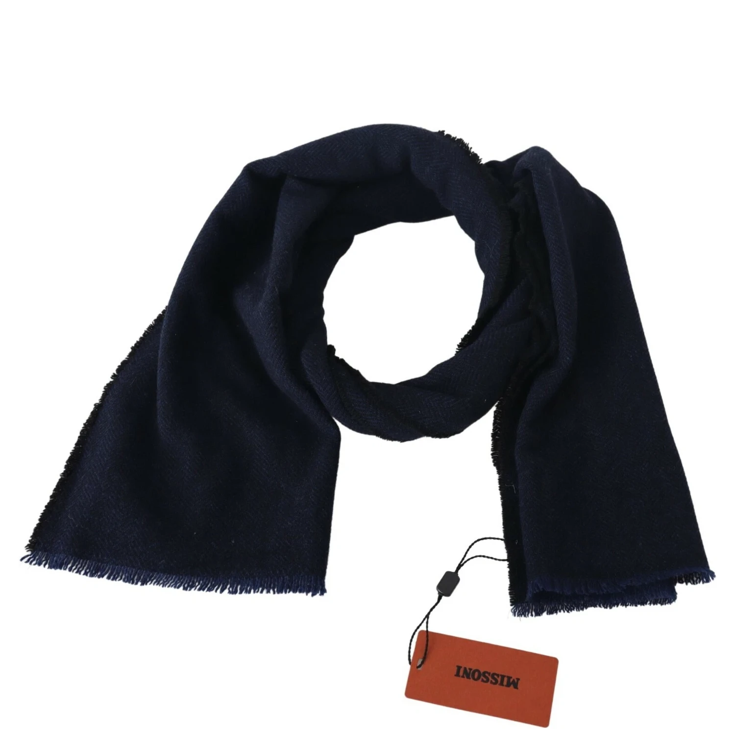Dark Blue Wool Unisex Neck Wrap Fringes Logo Scarf