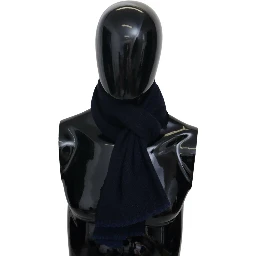 Dark Blue Wool Unisex Neck Wrap Fringes Logo Scarf